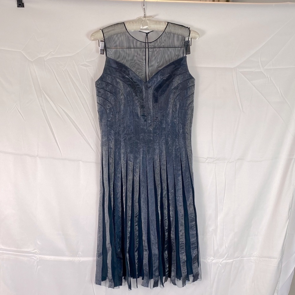 Adrianna Papell Shimmer Mesh Pleated Blue Gray Cocktail Mini Dress Women’s Sz 4